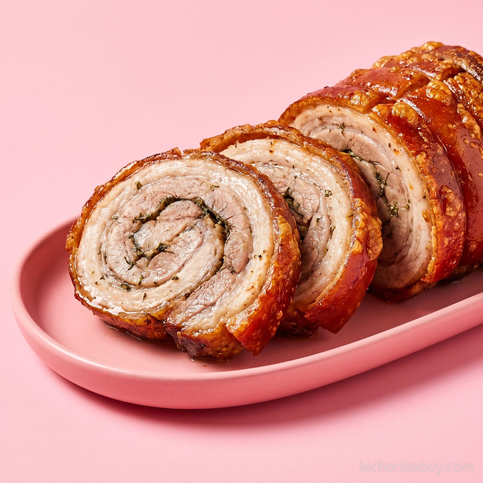 Sliced lechon belly showing the spiral and crackling